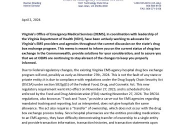 Memorandum – Changes to Virginia EMS Drug Box Exchange Program – April 2, 2024