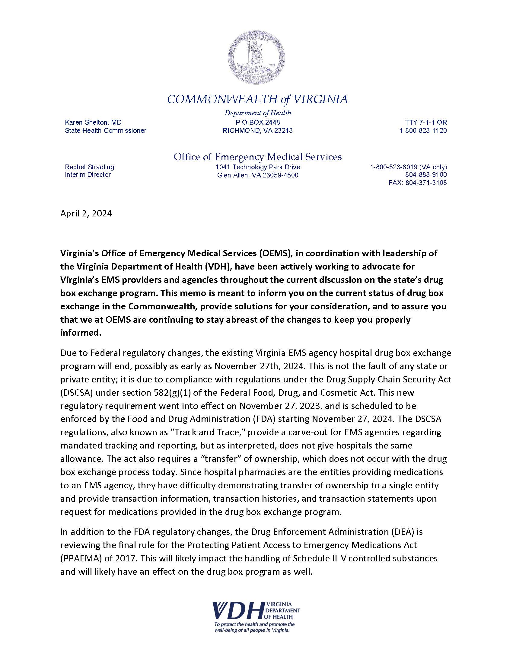 Memorandum - Changes to Virginia EMS Drug Box Exchange Program